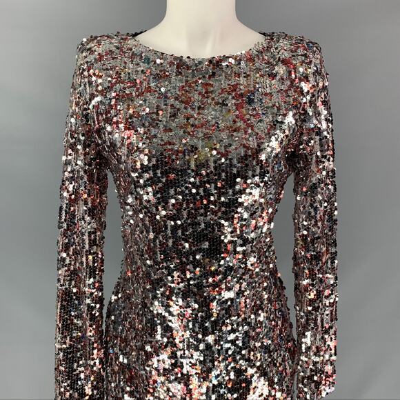 BADGLEY MISCHKA Size M Silver Burgundy Sequined Long Sleeve Mini Dress - Picture 2 of 5